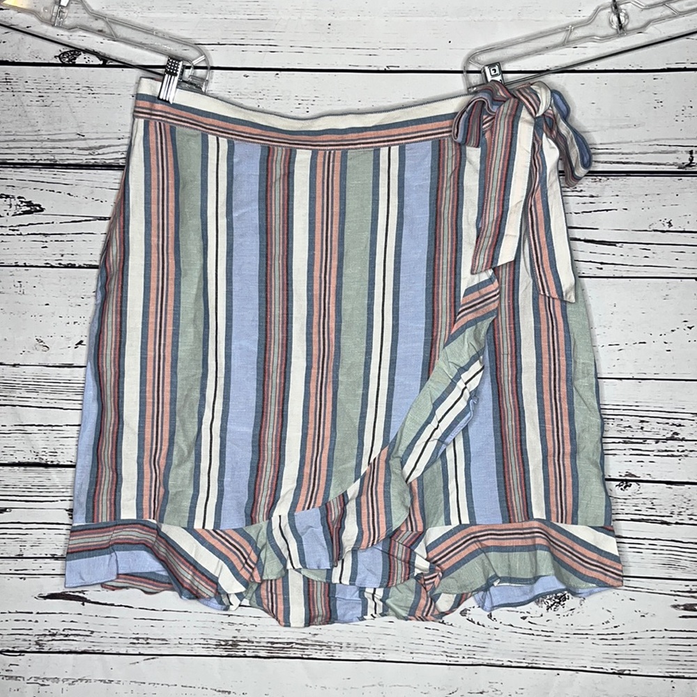 LOFT Ann Taylor NWT Size 16 Striped Ruffle Trim Linen Blend Faux Wrap Skirt